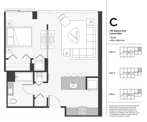 Floor plan for 1 bed, 1 bath, 797 sqft